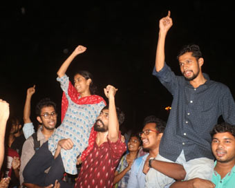 New Delhi: Newly elected JNU student union office bearers President Aishe Ghosh and Vice President Saket Moon celebrate after the announcement of the results of JNUSU at Jawaharlal Nehru University in New Delhi on Sep 17, 2019. (Photo: IANS)